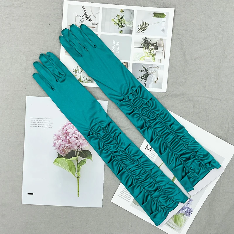 

Long Gloves Pleated Satin Gloves Wedding Party Solid Color Elastic Gloves Etiquette Gloves Pure Color Satin Dress Accessories