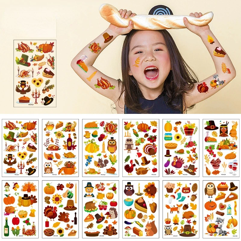 

Thanksgiving Tattoo Sticker Cartoon Autumn Harvest Festival FacePaste Maple Leaf Fruit Turkey Pumpkin Waterproof Temporary