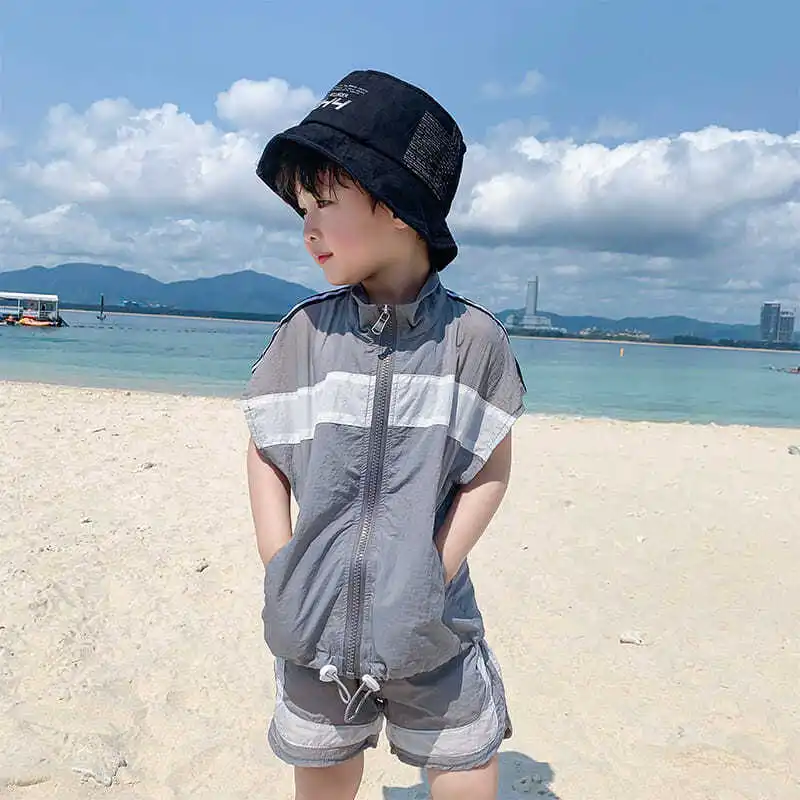 

2023 Summer Children's Sets Tops Zipper Short Sleeve Kids Shorts Above Knee Length Patchwork Cotton Light Kids Boys