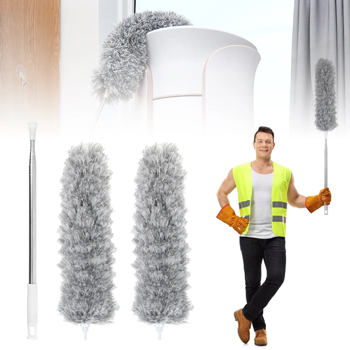 NEW Extendable Feather Duster Bendable Microfiber Duster with Stainless Steel Extension Pole Up to 110'' Washable Cobweb Brush