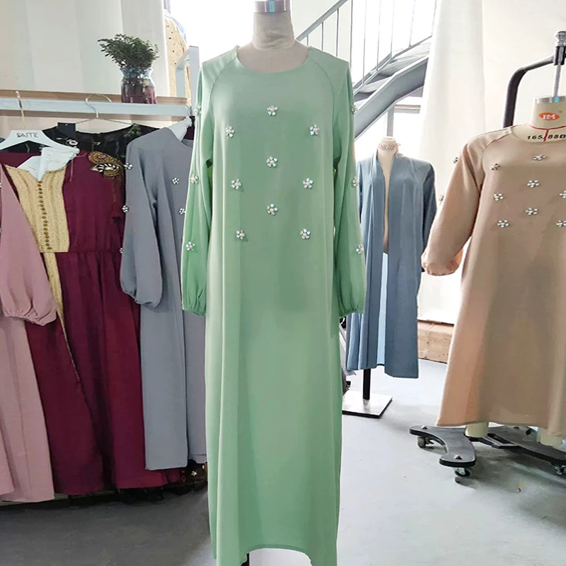 Hijab Diamond Eid Dress For Women 2022 O Neck Solid Color Muslim Dubai Maxi From Turkey Moroccan Arabic Iislam Party Long Dress