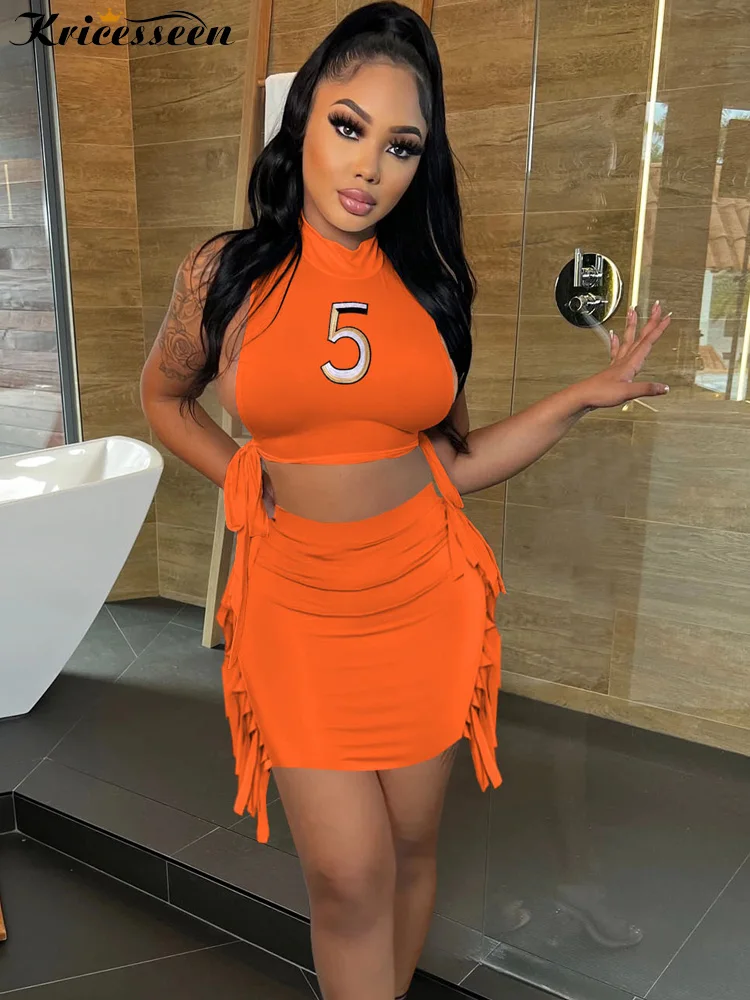 

Kricesseen Hot Womens Solid Bandage Two-Piece Skirt Set Ladies Letter Side Lace Up Top And Tassel Mini Skirt Clubwear Bodycon