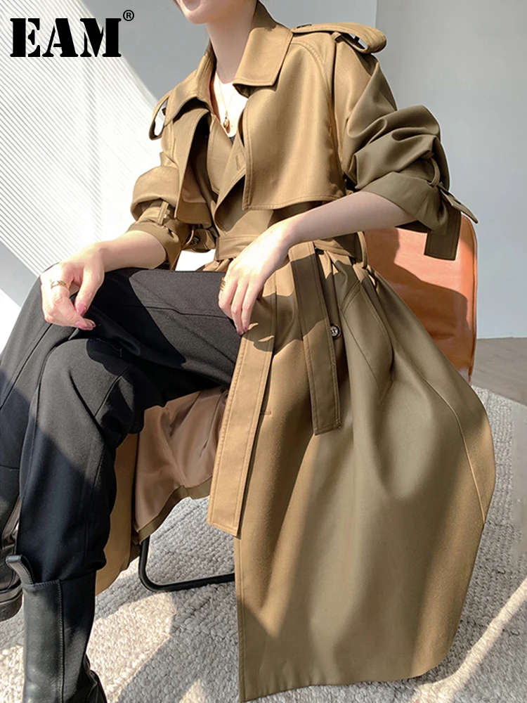 

[EAM] Women Big Size Khaki Long Belted Trench New Lapel Long Sleeve Loose Fit Windbreaker Fashion Spring Autumn 2022 1DE2690