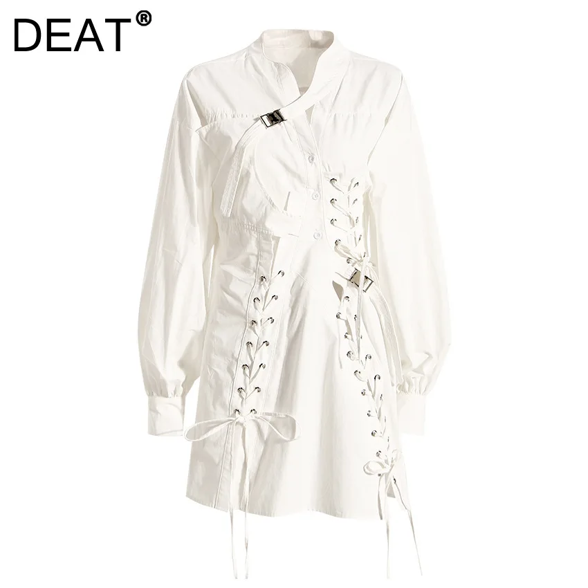 

Женское платье-рубашка с асимметричным воротником DEAT, белое мини-платье с длинным рукавом и вырезом на поясе, Новинка осени 2023, 17A4072