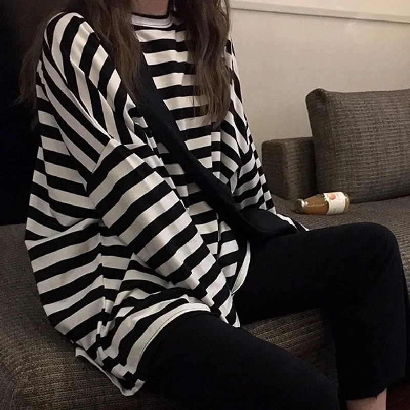 

Женская Полосатая футболка с длинным рукавом и круглым вырезом, в стиле Харадзюку