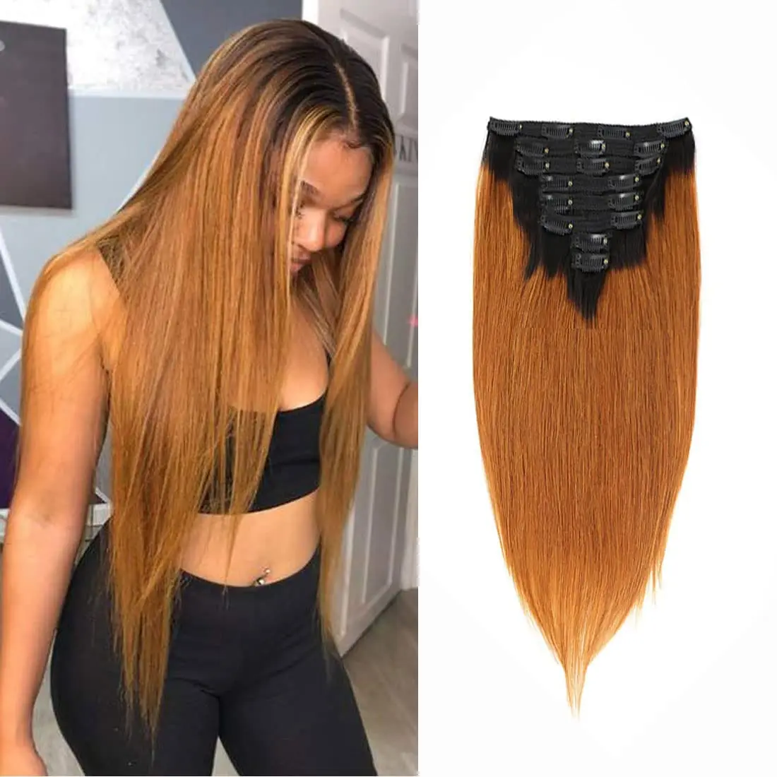 

Ombre 1B/30 Colored Straight Brazilian Virgin Human Hair Clip in Hair Extensions For Black Women 100% Unprocessed Full Head