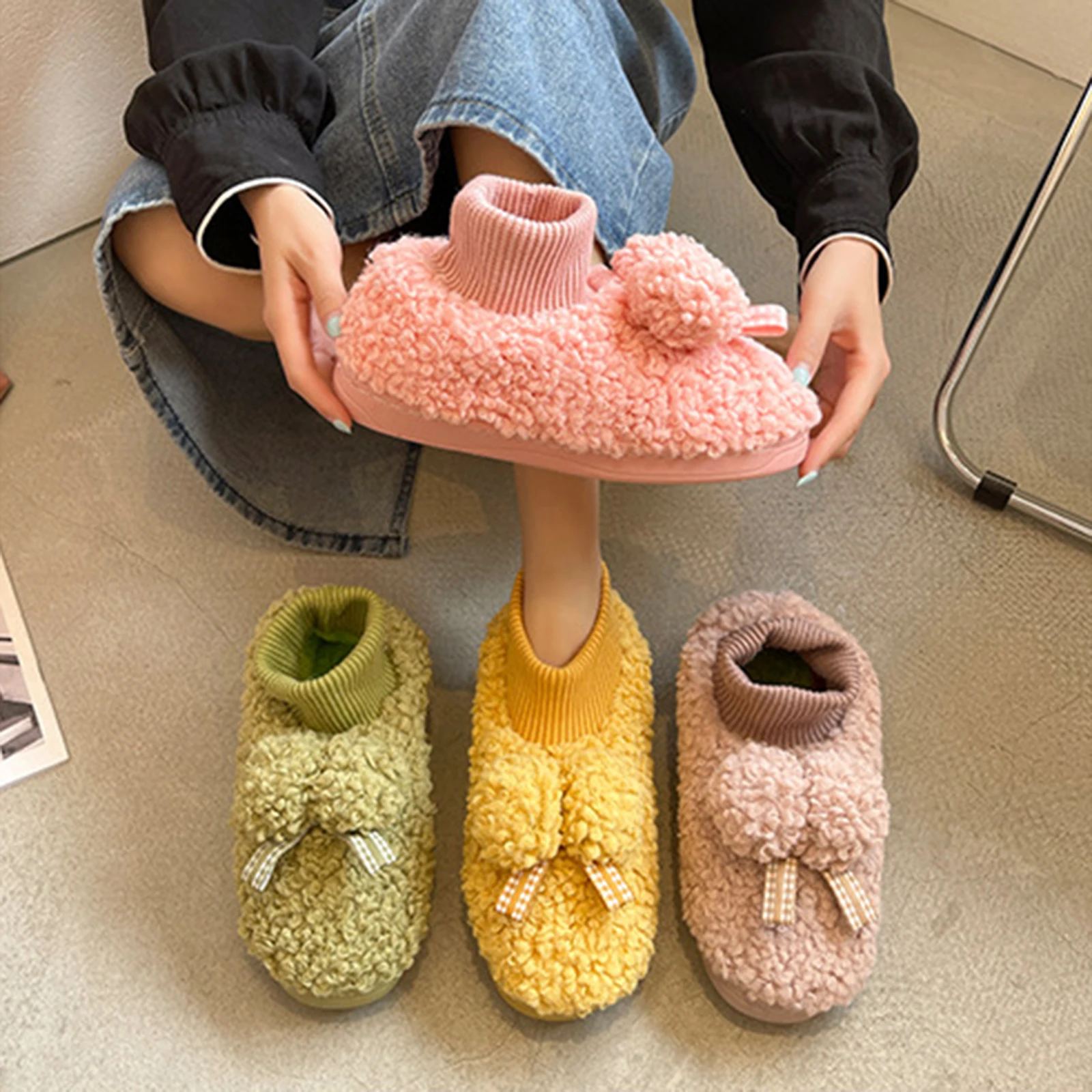 

Женские меховые тапочки с бантом, домашние дизайнерские тапочки для пола, для спальни, для влюбленных, теплая плюшевая обувь, пушистые сланц...