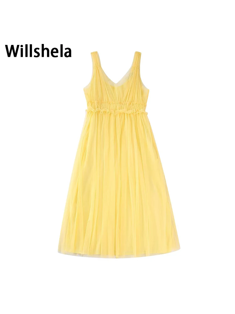 

Willshela Women Fashion Solid Pleated Patchwork Midi Dress Vintage V-Neck Sleeveless Female Chic Lady Dresses
