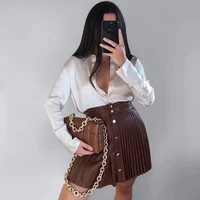 2021 solid pu leather skirt asymmetrical fashion female autumn work clothing women high waist buttons sexy mini pleated skirts