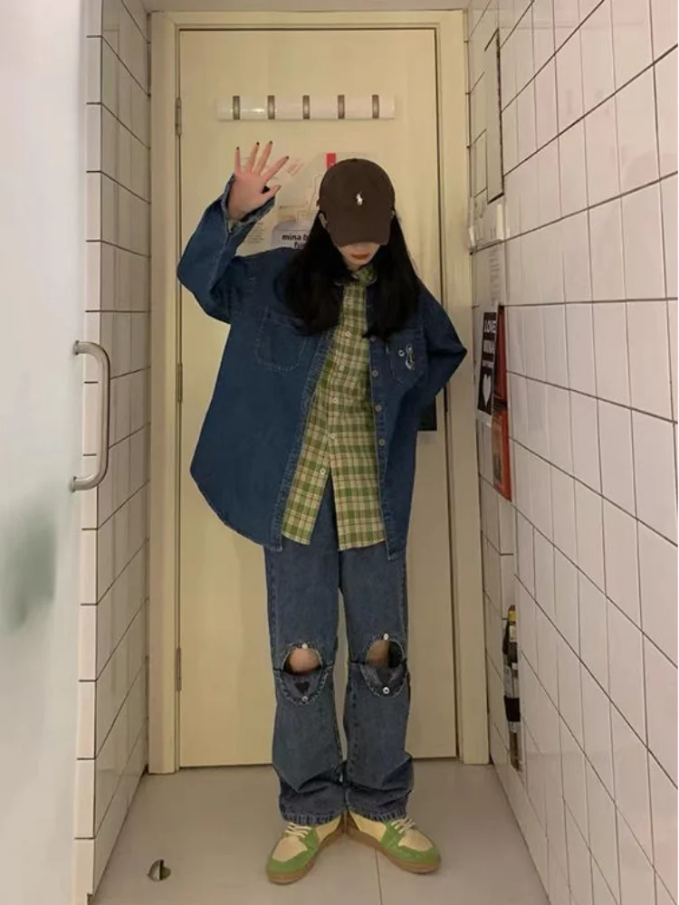 ADAgirl Blue Women Jeans Y2k Vintage Hearts Pattern Ripped Wide Leg Pants Streetwear Slouchy High Waist Female Denim Trousers