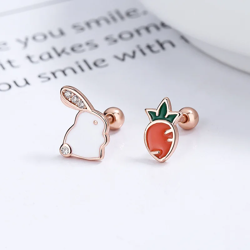 S925 Sterling Silver Cute Crystal Rabbit Carrot Thread Stud Earrings For Women Kids Studant Party Jewelry Gift Female Pendientes