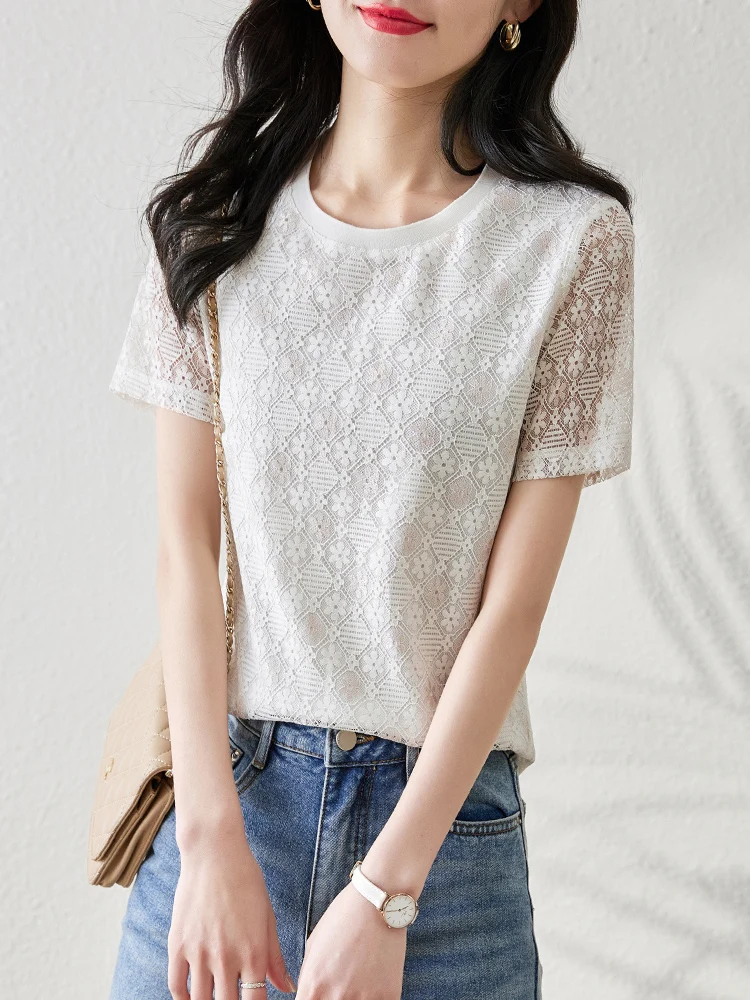 

Приталенная белая рубашка, летняя кружевная женская блузка, новинка 2022, повседневный топ с коротким рукавом, модная женская одежда в Корейс...