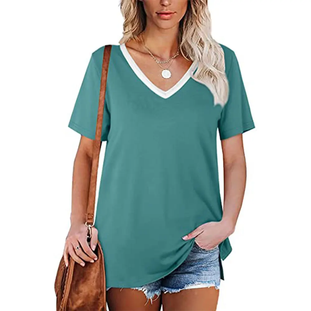 

Women's Tops Plain Face Hem Slit Contrast V-Neck Short Sleeve T-Shirt gray22