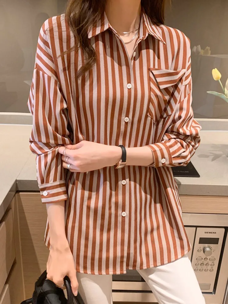 

Ladies Elegant Long Sleeve Shirts New 2022 Spring Korean Style Vintage Striped All-match Loose Women Casual Tops Shirt W1039
