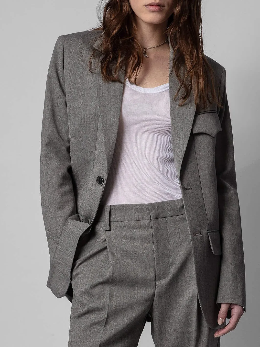 

Women Blazer Notched Single Breasted Long Sleeve Gray Loose Wool Suit