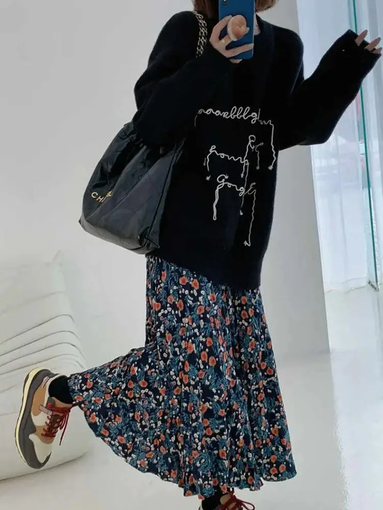 Юбка женская трапециевидная с принтом модная длинная свободная юбка завышенной