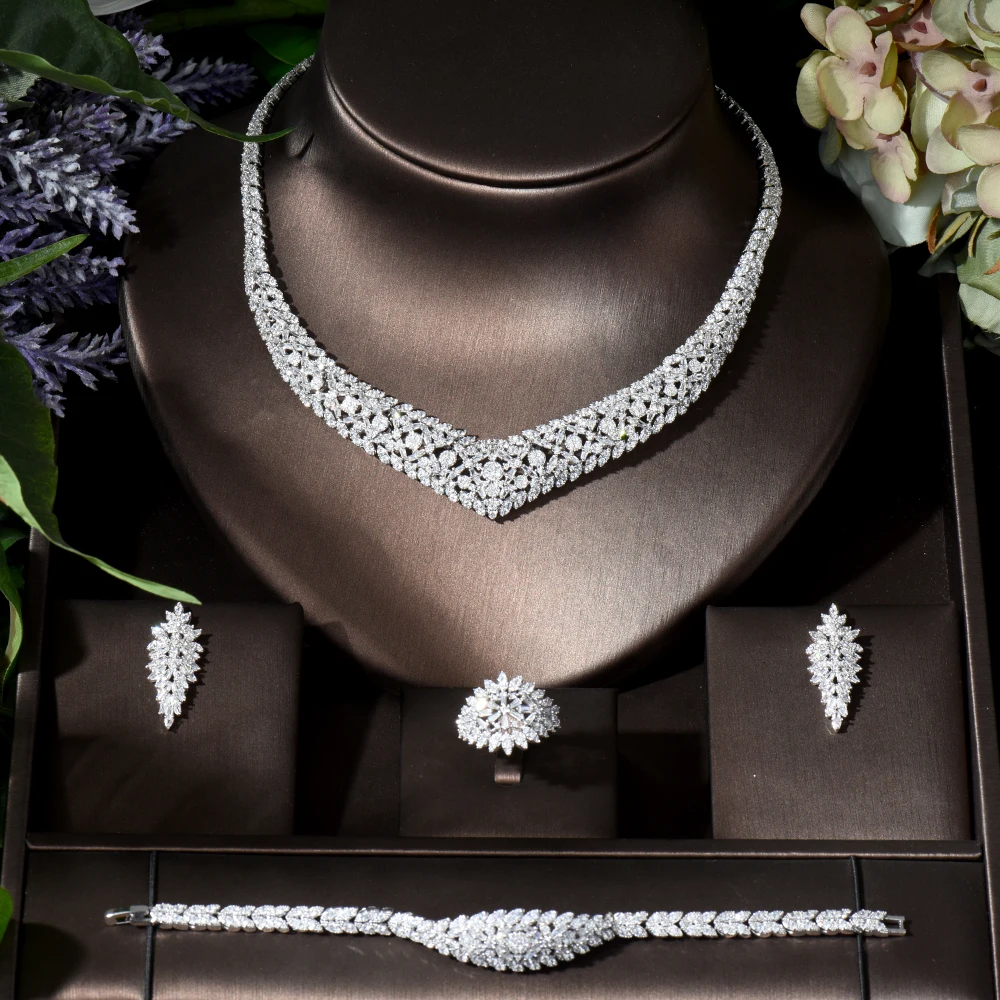 Fashion Fashion 4pcs Geometric Design Necklace and Earring Sets for Women Bridal AAA Cubic Zirconia Wedding Jewelry Sets N-838