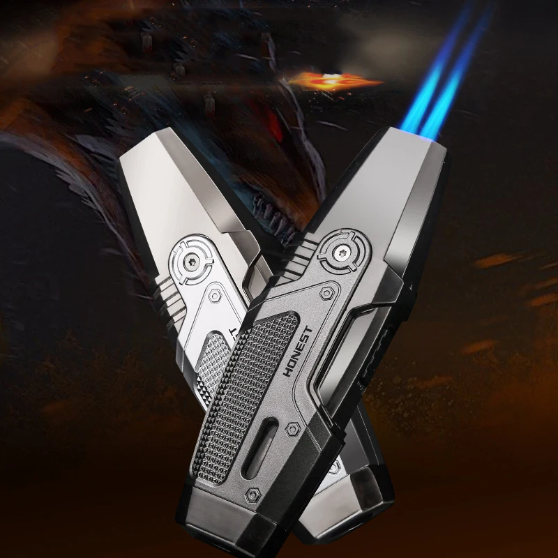 

Новинка, металлическая Бутановая газовая зажигалка большой емкости с двойным пламенем и прямой зарядкой, подходит для кухни и улицы