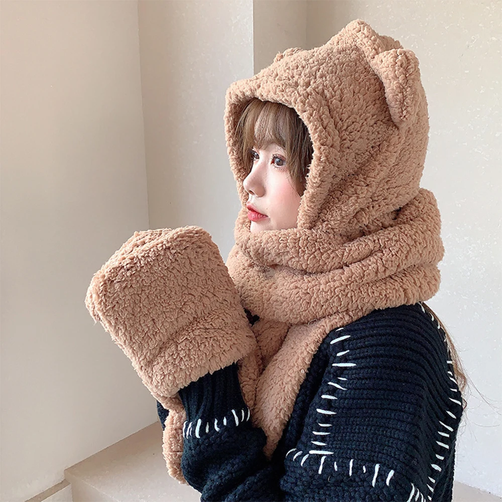 

2022 Fashion Winter Women Novelty Beanies Caps Warm Cute Bear Ear Hat Casual Plush Hat Scarf Set Casual Solid Women Caps Present