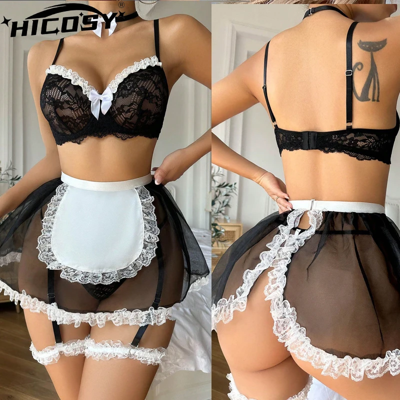 

HICOSY Maid Lingerie Sexy Outfit ExoticErotic Fancy Lace Bowknot Bra Kit Push Up Sheer Mesh Skirt See Through Sissy Intimate