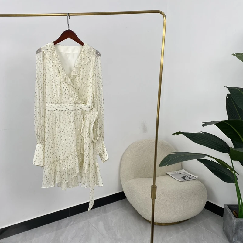 

2021 Autumn Gold Metallic Polka Dots Lantern Sleeve Beige Black Ruffles Ladies Elegant Wrap Dress
