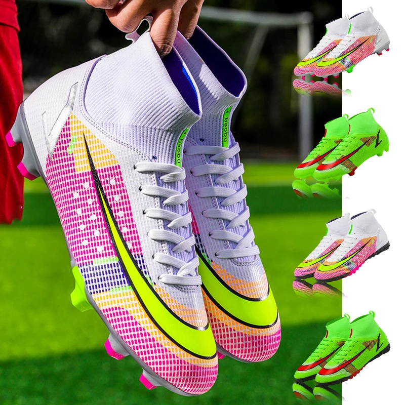 New Pink Men Soccer Shoes Adult Kids TF/FG High Ankle Football Boots Cleats Outdoor Training Soccer Sneakers Long Spike Boots