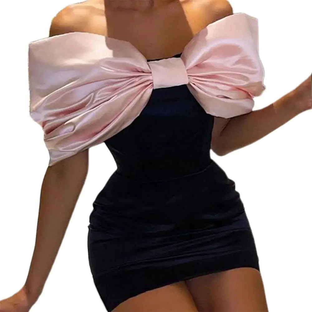 

Women Bodycon Dress Bow Knot Design Comfortable Above Knee Dress Solid Color Off Shoulder High Waist Sheath Dress for Party