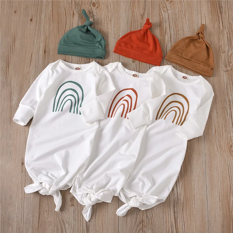 

2PCS Set Soft Cotton Newborn Baby Sleeping Bag Long Sleeve Toddler Baby Rainbow Printing Sleeping Sack+Hats Blanket Swaddle Wrap