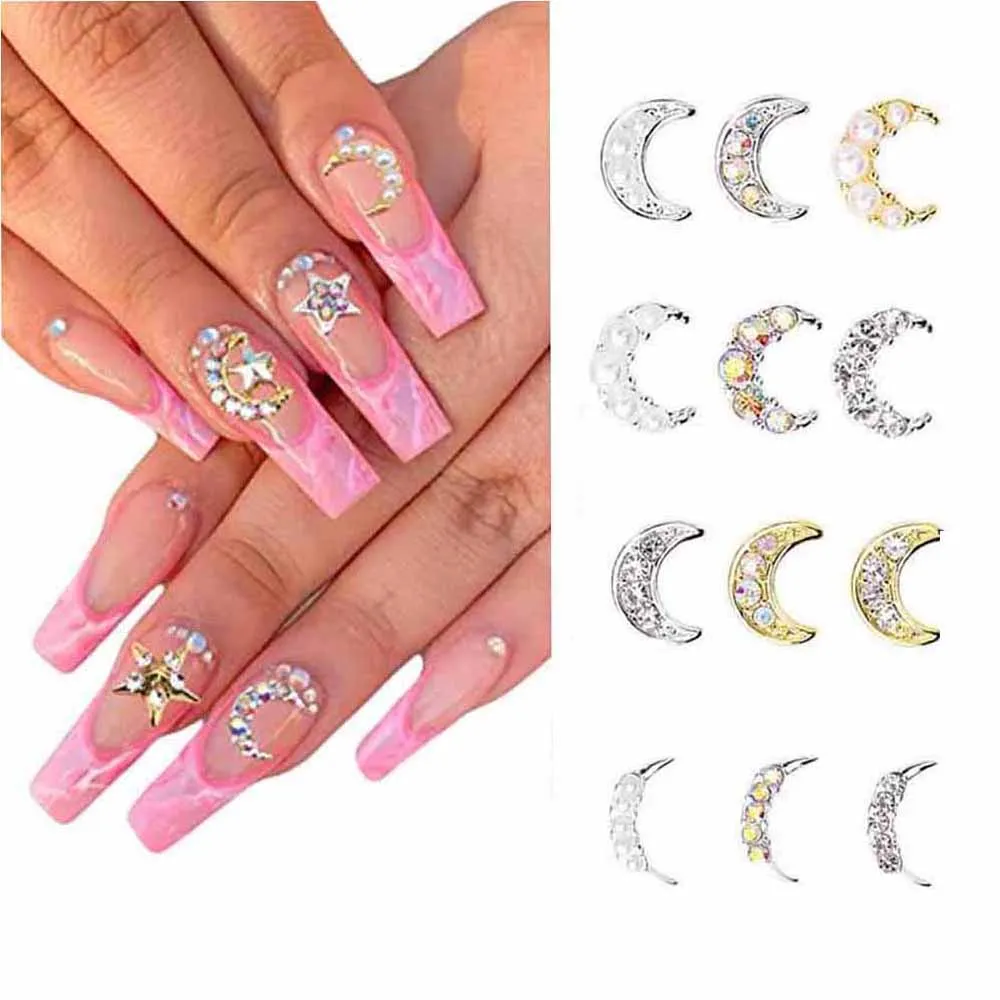 

10Pcs Gold Silver Moon Nail Art Charms 3D Alloy Inlaid Shiny Rhinestone Pearl Diamond Moon Series Nail Jewelry DIY Nail Decor