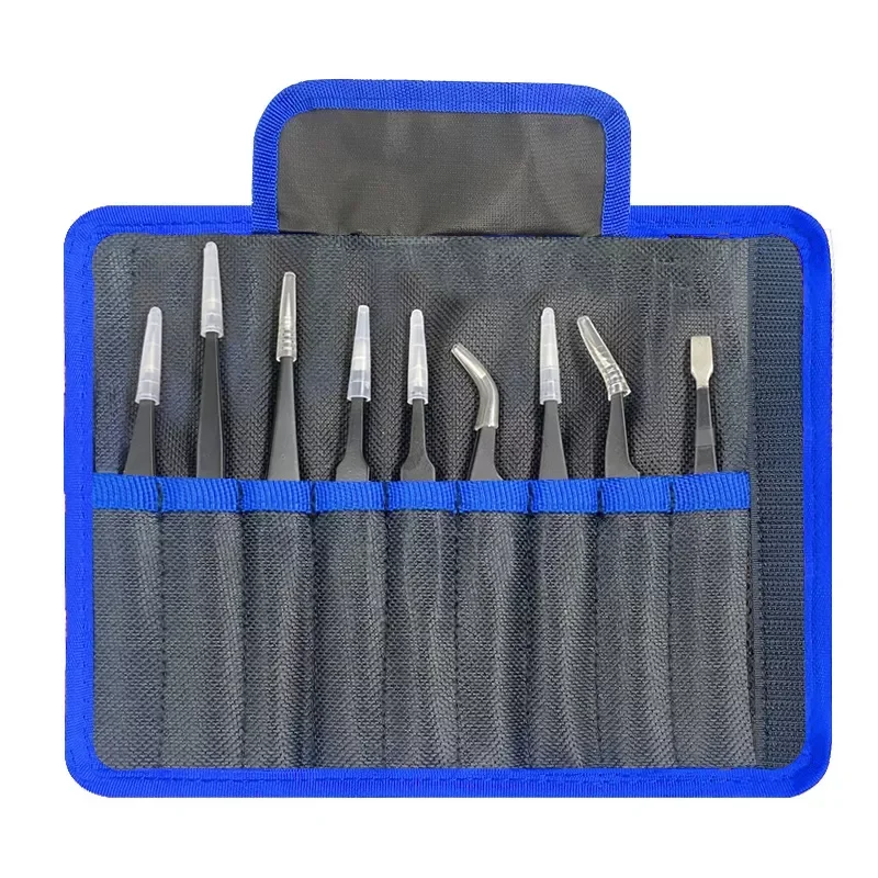 

2023NEW 9pcs/set Anti-static ESD Stainless Steel Tweezers Maintenance Tools Industrial Precision Curved Straight Tweezers Repair