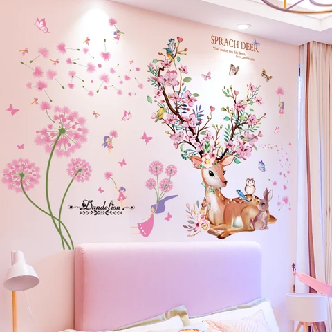 Наклейки на стену с изображением оленя, животных, декор «сделай сам», цветы, растения, наклейки на стену для детской комнаты, спальни, детского сада, детского сада, украшение для дома