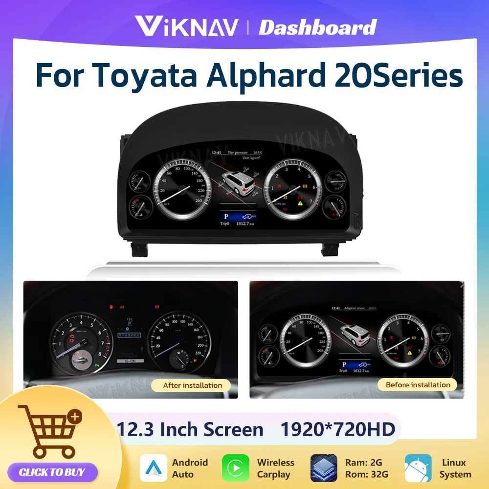

ABNAV 12,3 дюймовый Android цифровой приборной панели Guage Cluster для Toyota Alphard 20Series 2008-2013 2014 спидометр для приборной панели