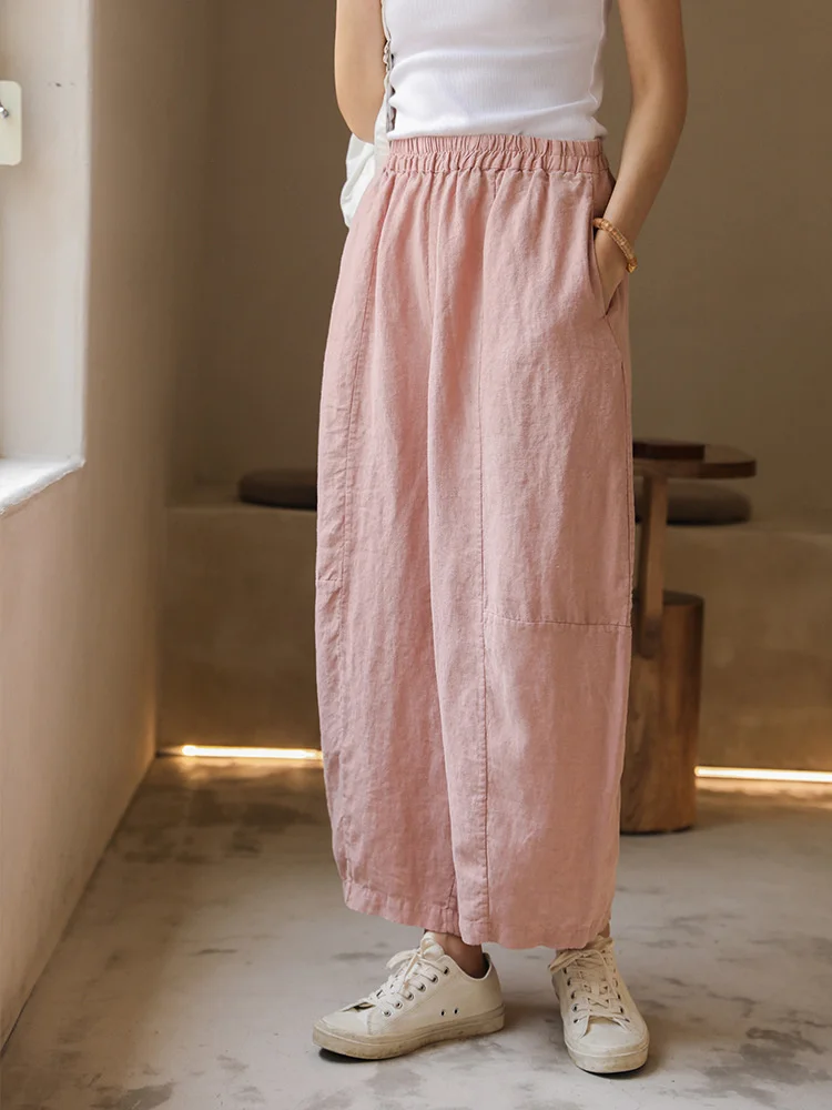 

Литературная Женская одежда, Новинка весна-осень 2022, льняные свободные укороченные брюки с широкими штанинами и эластичным поясом, 1213