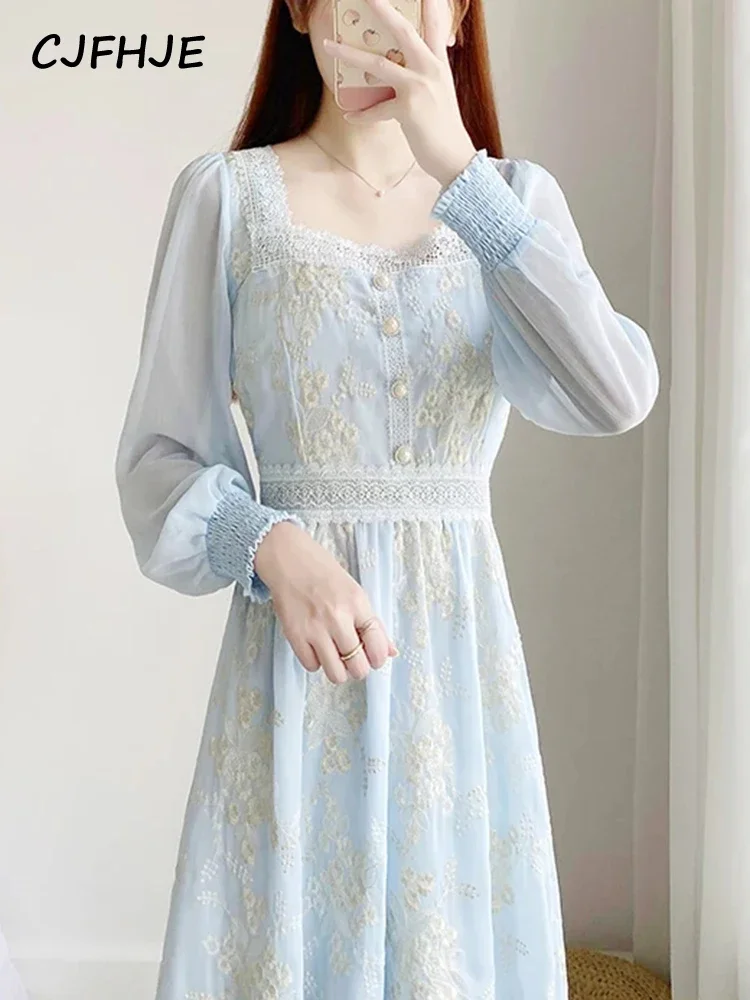 CJFHJE абрикосовое милое мягкое кружевное миди-платье на пуговицах с вышивкой