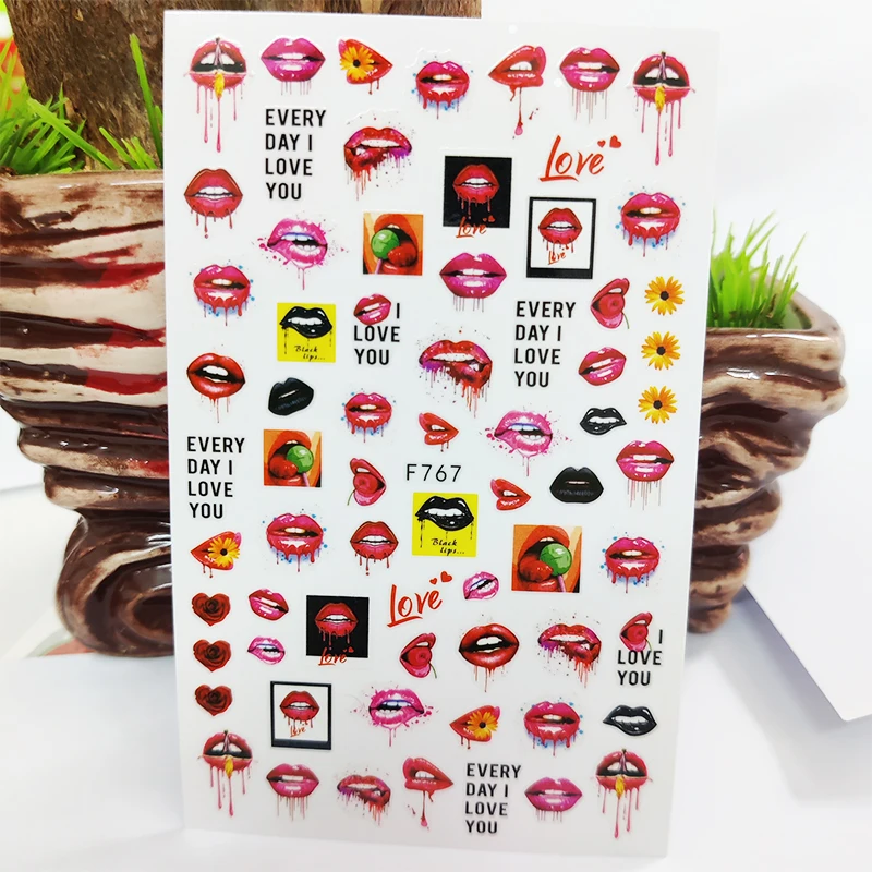 

3D Nail Stickers Red Lips Love Heart Flowers Stickers for Nails Self-Adhesive Design Sticker for Manicure Nail Art Decoration