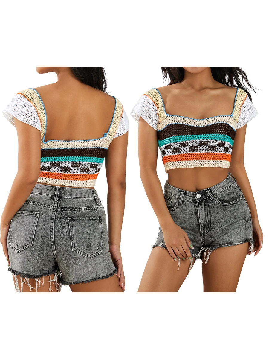 

Женский модный трендовый вязаный жилет, облегающие Летние повседневные топы контрастных цветов с квадратным вырезом без рукавов