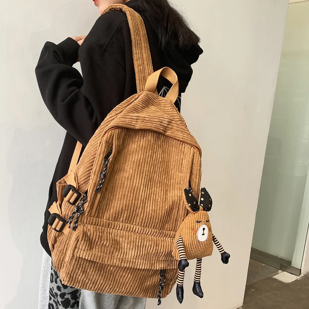 

Women Corduroy Backpack Khaki SchoolBag Cute Teenage Girls Harajuku Female Bag Student Kawaii Lady Book Pack New Fashion Mochila