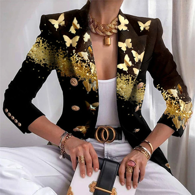 

Fashion Women Blazer Coat 2021 Autumn Casual Turn-down Collar Long-sleeved Ladies Outwear Vintage Butterfly Print Loose Coats