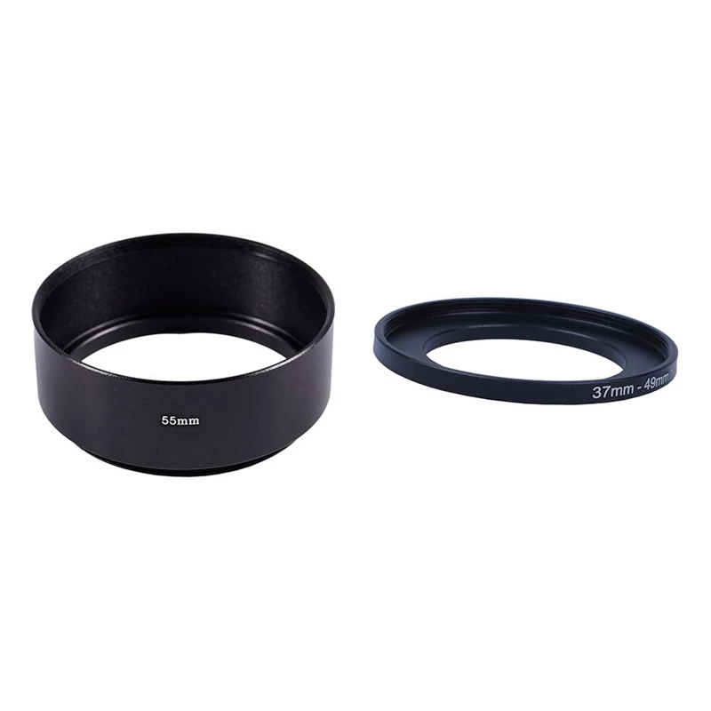 

HFES 1 Pcs Replacement Screw In Mount 55Mm Camera Metal Lens Hood & 1 Pcs 37Mm-49Mm Lens Filter Step Up Ring Adapter Black