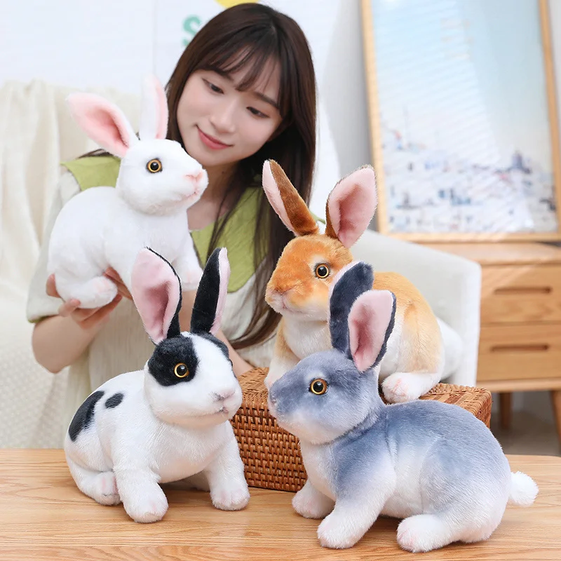 

Realistic Kawaii Rabbits Plush Toy Simulation Animal Cute White Grey Bunny Doll Real Life Model Props Girls Kids Birthday Gift