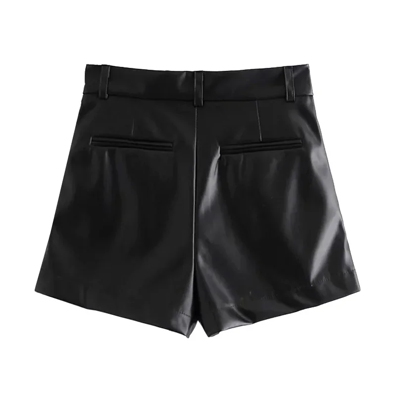 TRAF Women Chic Fashion Side Pockets Faux Leather Shorts Vintage High Waist Zipper Fly Female Short Pants Mujer Casual Shorts