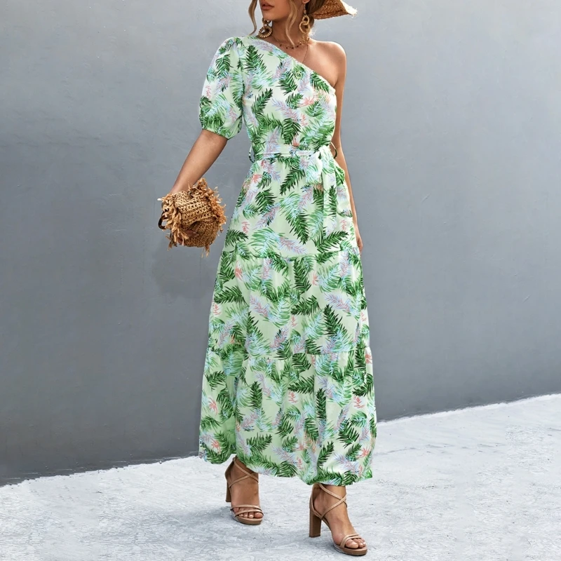 

Long One Shoulder Off Dresses Floral Printed Puff Short Sleeves Prom Dress Bows Tie Women Vintage 2023 Party Outfirts