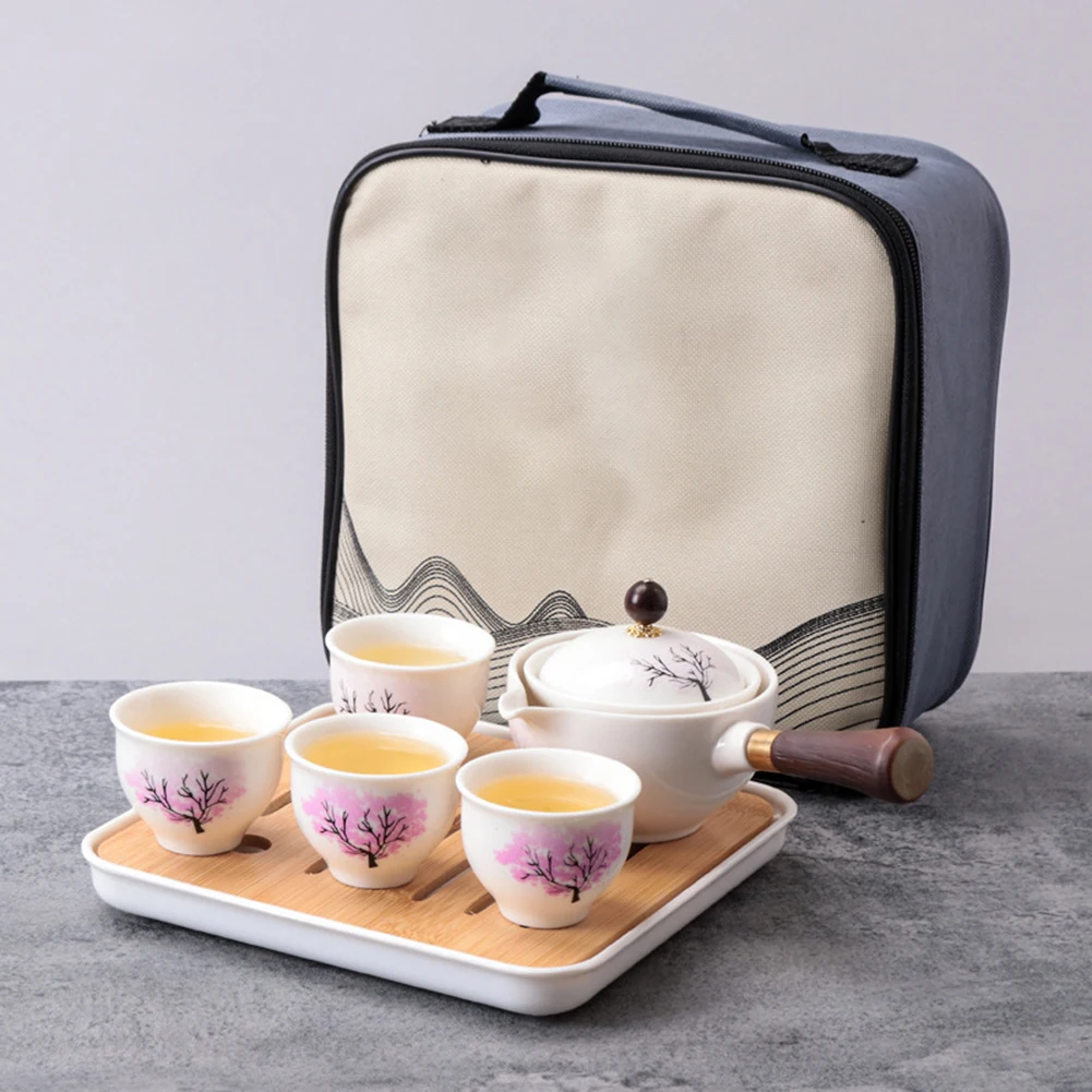 

Porcelain Chinese Gongfu Tea Set Portable Teapot Set with 360 Rotation Tea Maker and Infuser Portable All in One Gift Bag
