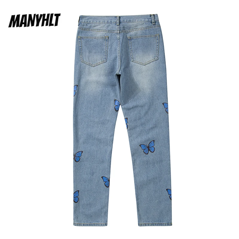 

Harajuku Butterfly Print Washed Blue Jenas Pants for Mens Retro Baggy Straight Vibe Style Ripped Casual Denim Trousers Oversized