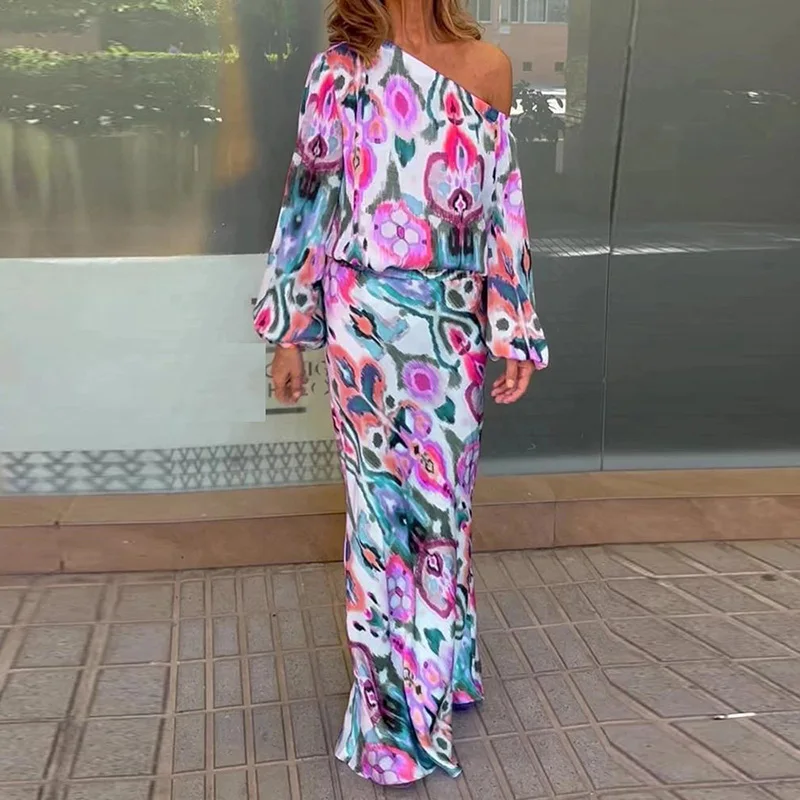 

2022 Autumn Elegant Vintage Women Two Piece Set Bohemia Print Off Shoulder Shirt High Waist Long Skirt Suit Casual Outfits