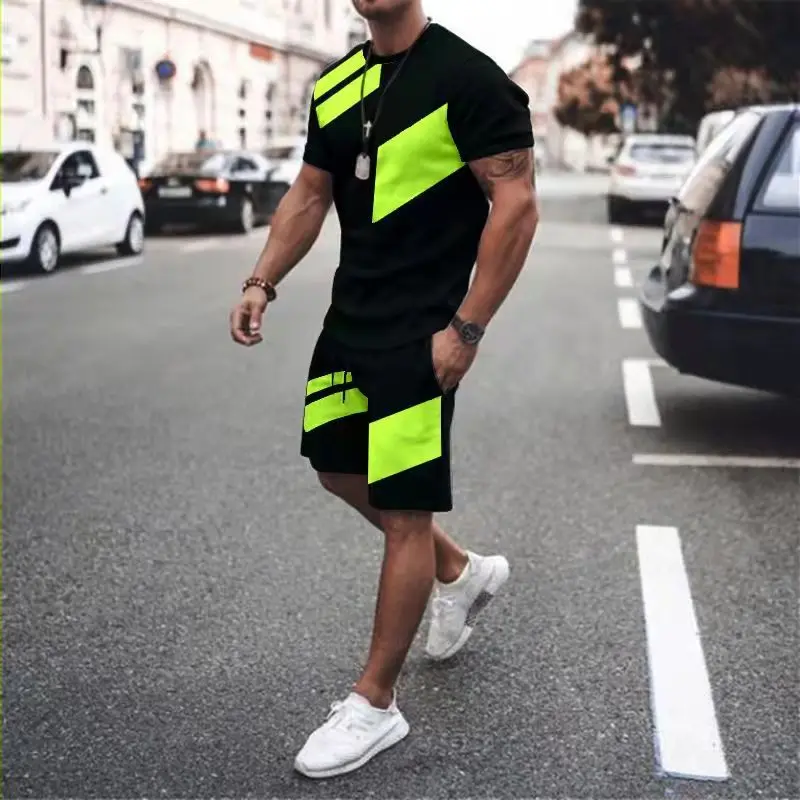 Male Set Solid 3D Print Suit O-neck Breathable Tshirt Shorts 2 Pieces Outfits Sportwear Causal Men's Tracksuit Clothes for Men images - 6