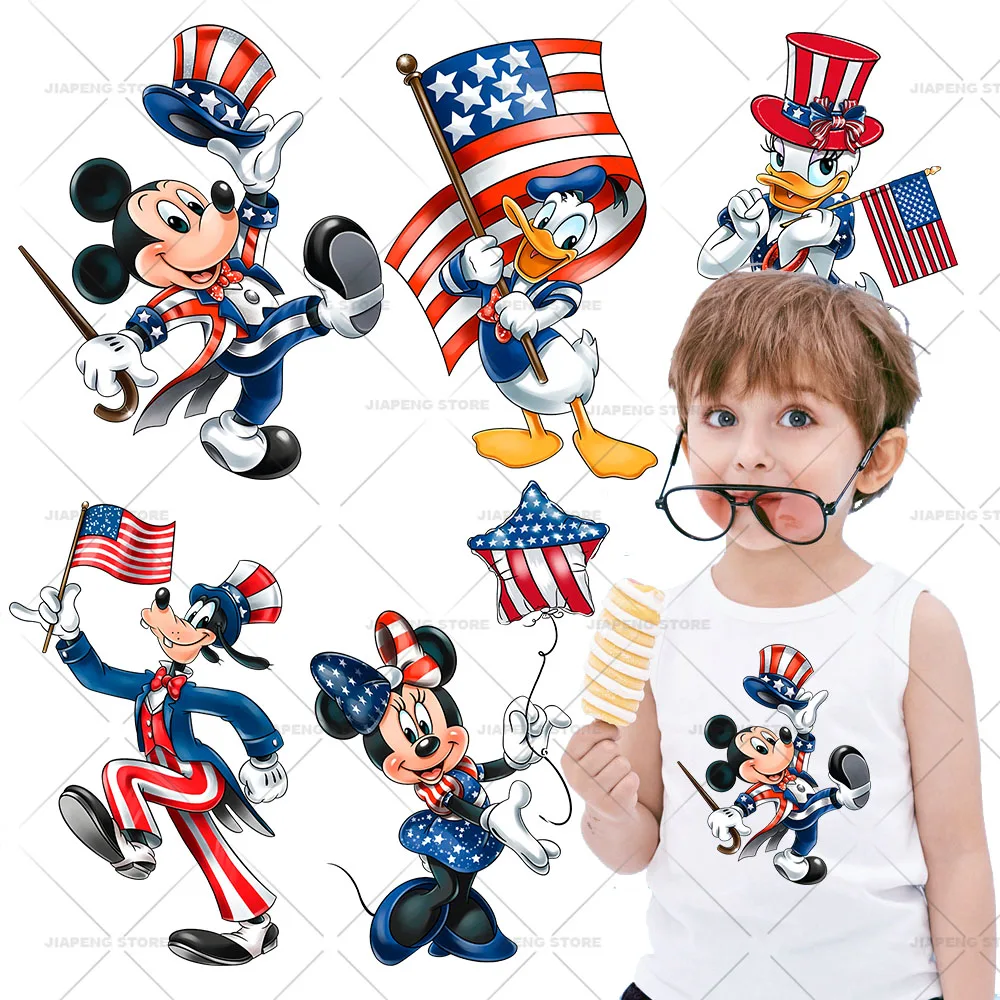 

Disney Mickey Mouse x America Printed Stickers On Clothing Minnie Patches Iron on Transfers For Kids Clothes Bags Washable Badge