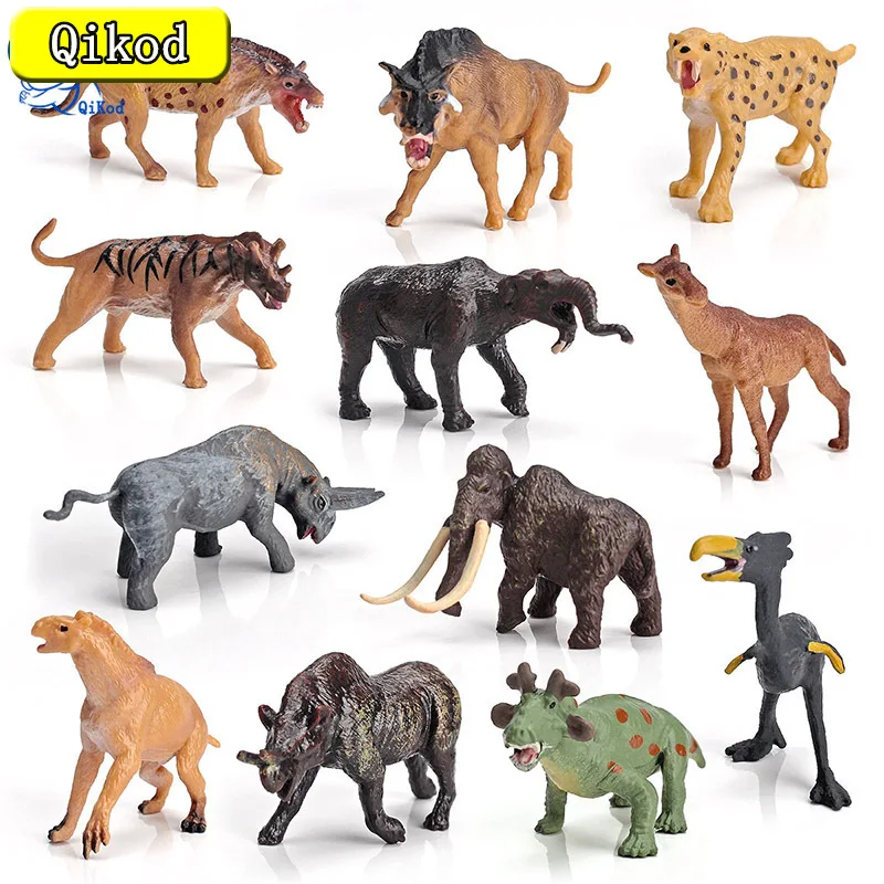 12pcs Mini Simulation Prehistoric Animal Mammoth Saber-toothed Tiger Model PVC Animals Action Figures Toys Children's Xmas Gift