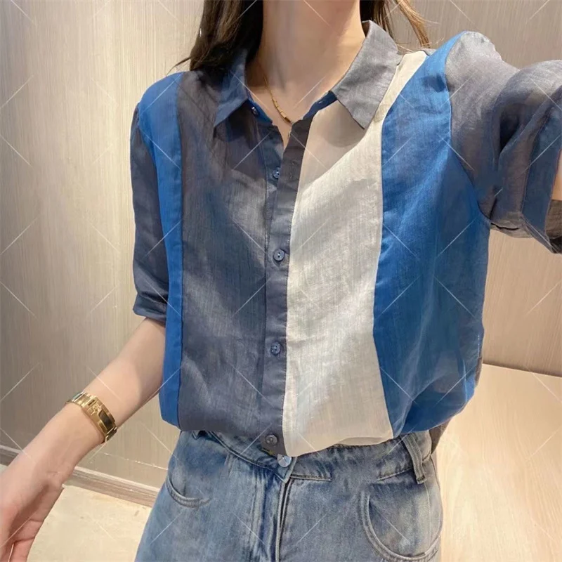 

Women Spring Summer Style Blouses Shirts Lady Casual Short Sleeve Turn-down Collar Patchwork Blusas Tops ZZ1837