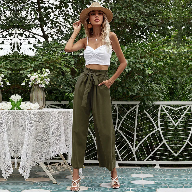 2022 New Wide Leg Pants for Women Clothes Green High Waist Fashion Drawstring Sweatpants Streetwear Pleated Loose Bow Summer New